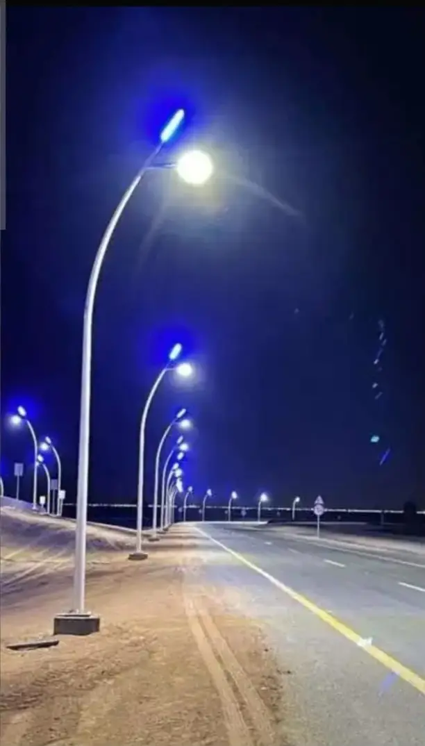 Curved-arm street lighting poles manufactured by Aktar, lit at night along a road at the Al-Amal Orphan Care Society project in Al-Bahah